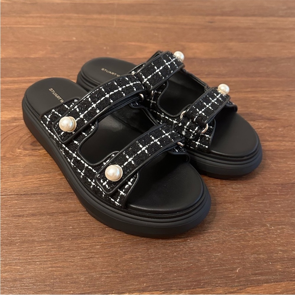 Stuart Weitzman Tweed Pearl Platform Slide Sandals Black White Size 7.5 NIB - Picture 4 of 11